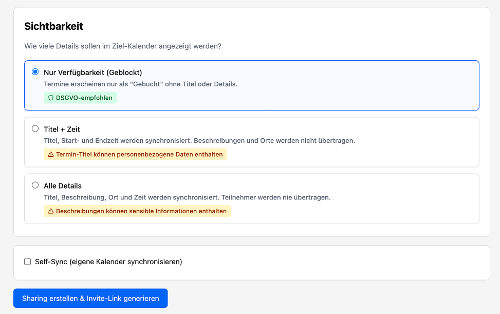 Kalender Sync Sharing-Einstellungen — Sichtbarkeit konfigurieren